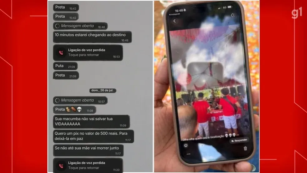 Prints de mensagens mostram ofensas racistas e ameaça enviada após o suspeito ver uma publicação da vítima em um samba. — Foto: Divulgação/PCDF