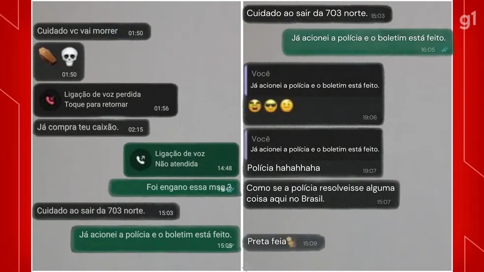 Mensagens mostram ameaças de morte e ofensas enviadas pelo suspeito à vítima. — Foto: Divulgação/PCDF